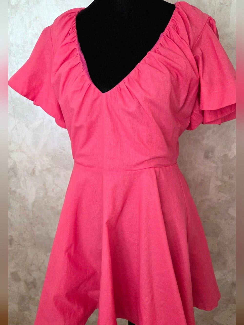 Showpo Pink Linen Blend Mini Dress Ruched Bodice Flutter Sleeve Fit & Flare